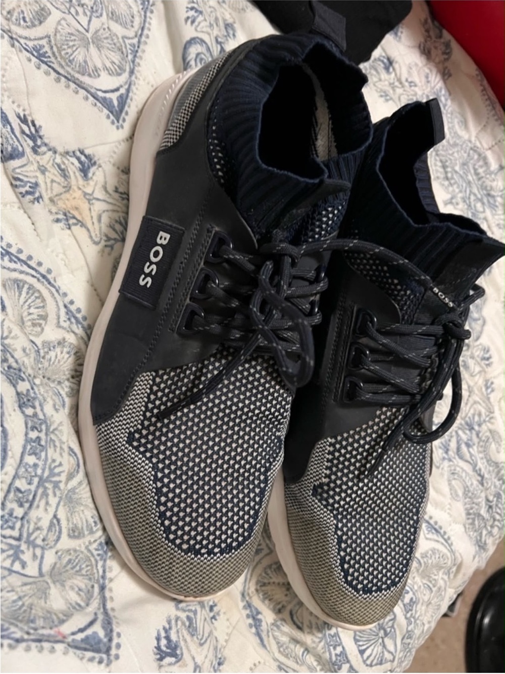Boss Men's Navy and White Knit Lace-Up Sneakers
